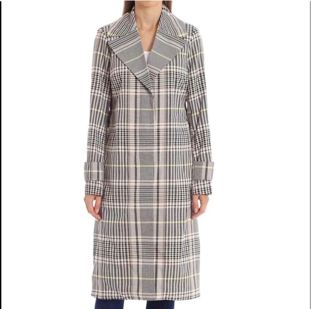 AVEC LES FILLES Gray Plaid Fall Spring Long Trench Coat Size Small
